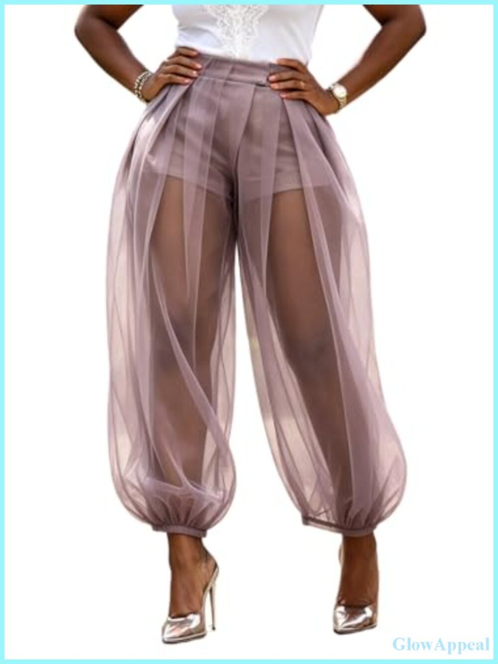 Women Sheer Tulle Balloon Pants High Waist Pleated Wide Leg with Shorts